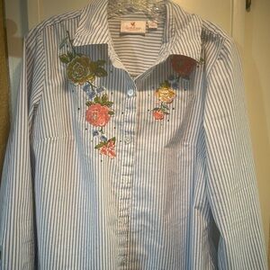Striped Blue & White womens Button-Up Shirt with Floral Embroidery by quackery f